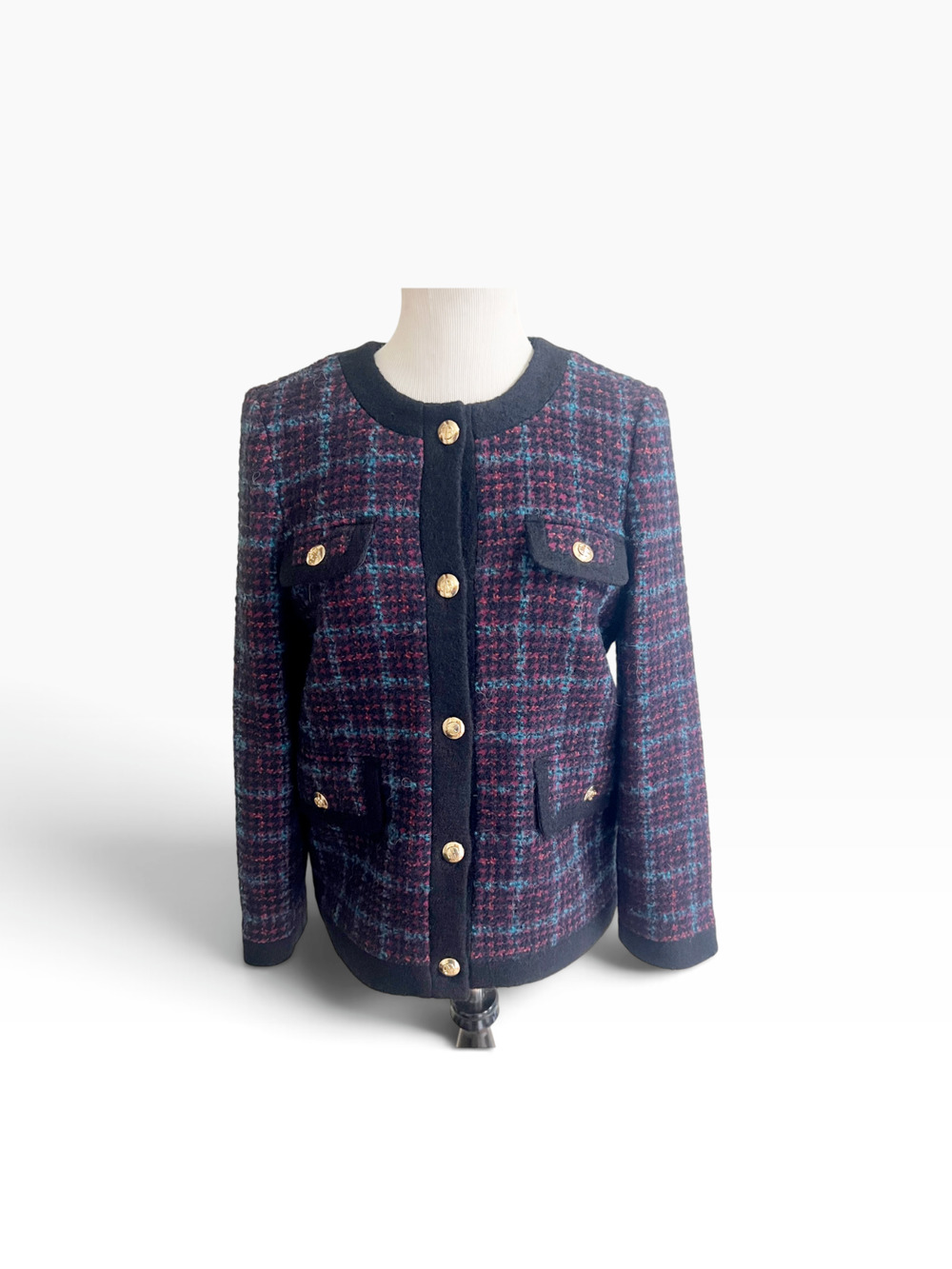 Anine Bing Lydia Jacket Women's S Purple Plaid Tweed Embossed Gold-Tone Buttons